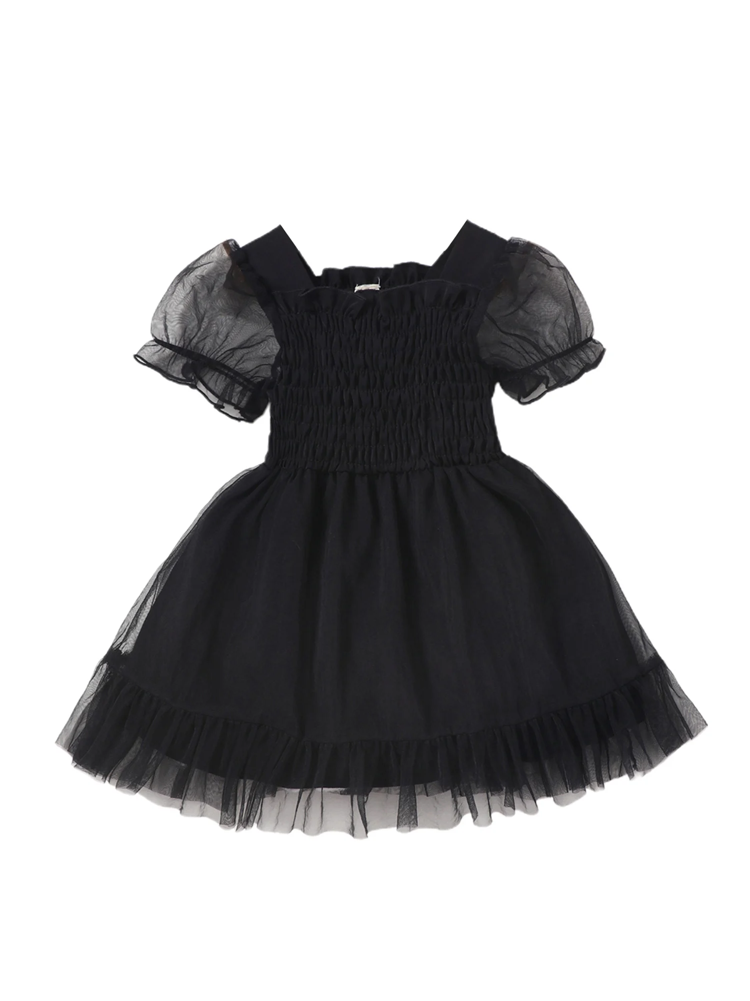 

Baby Girls Black Princess Dress Puff Short Sleeve Ruffle Mesh Hem Dress My First Halloween Black Witch Dress