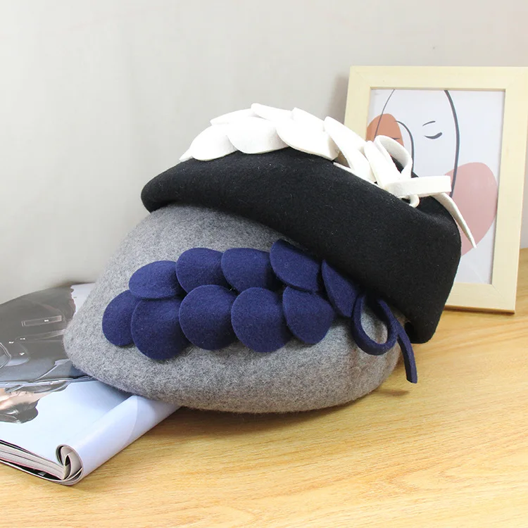 

Женский фетровый берет с листьями, Классическая фетровая шляпа серого, красного цветов, 100% шерсть, для зимы