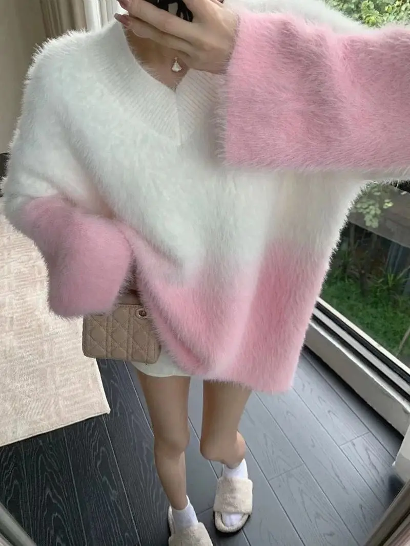 

2023 Loose V-neck Faux Mink Velvet Knitted Sweater for Women Casual Gradient Color Pullovers Female Knitwear Clothing A46