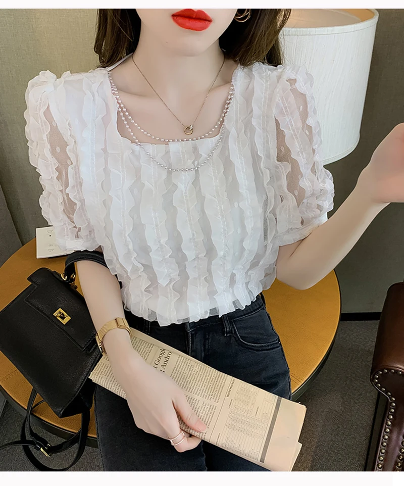 

New Summer Frence Chiffon Lace U-neck Woman T-shirt Elegant Loose Half-sleeve Inner-wear Casual Blouse Tops