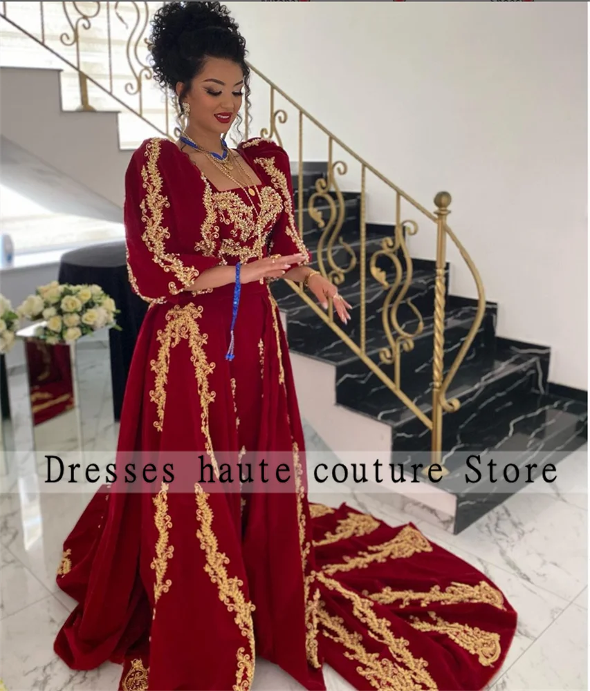 

Red Moroccan Caftan Mermaid Evening Dress 2023 Muslim Long Sleeve Gold Lace Appliques Beaded Prom Dress Dubai Formal Gown