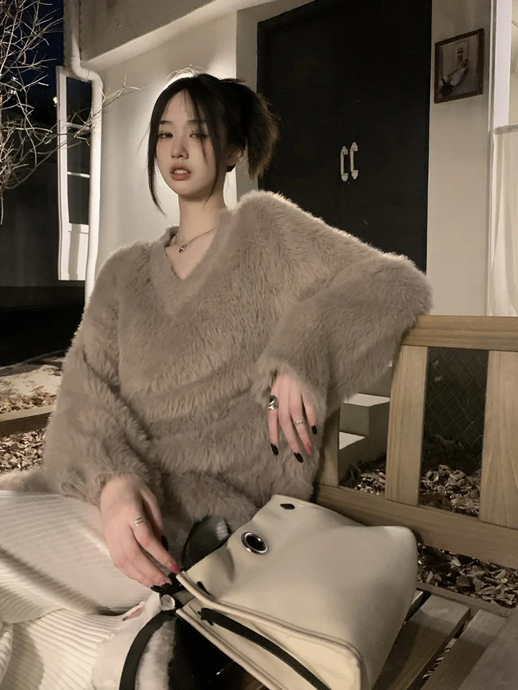 

GY1446 Slouchy Sweater Women's Autumn and Winter 2022 New Vintage Mink like V-neck Loose Thickened Long Sleeve Knitted Top