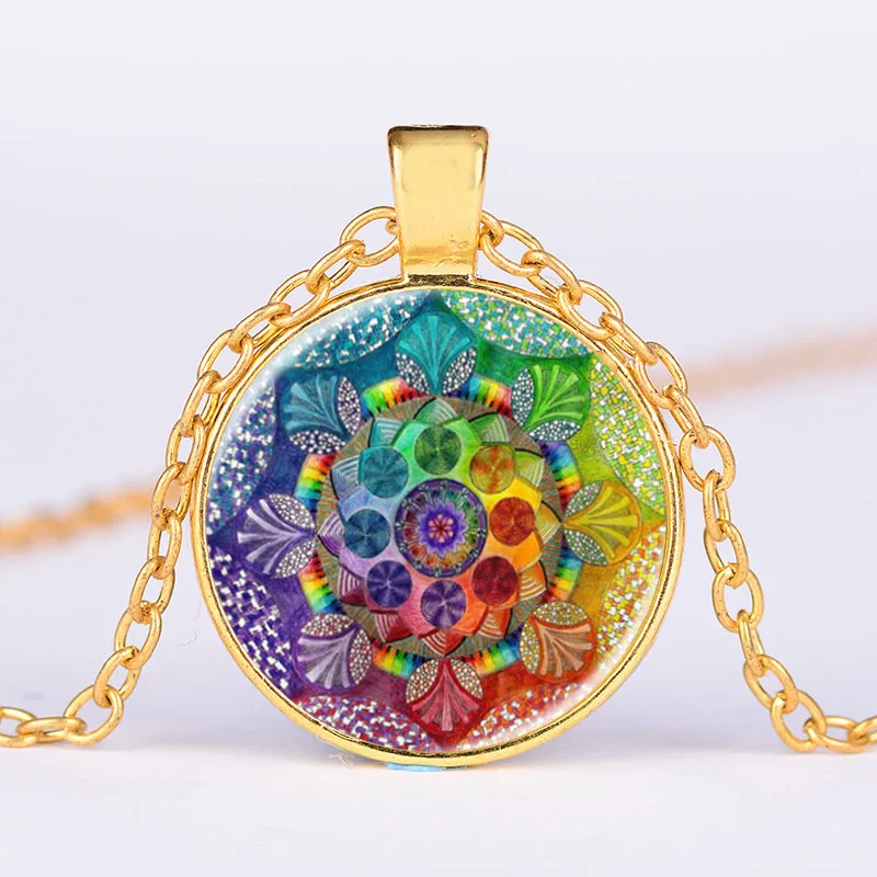 

Fashion Hindu Buddhism Color Mandala Om Symbol Necklace Time Glass Gem Pendant Necklace Yoga Meditation Choker Jewelry Gifts