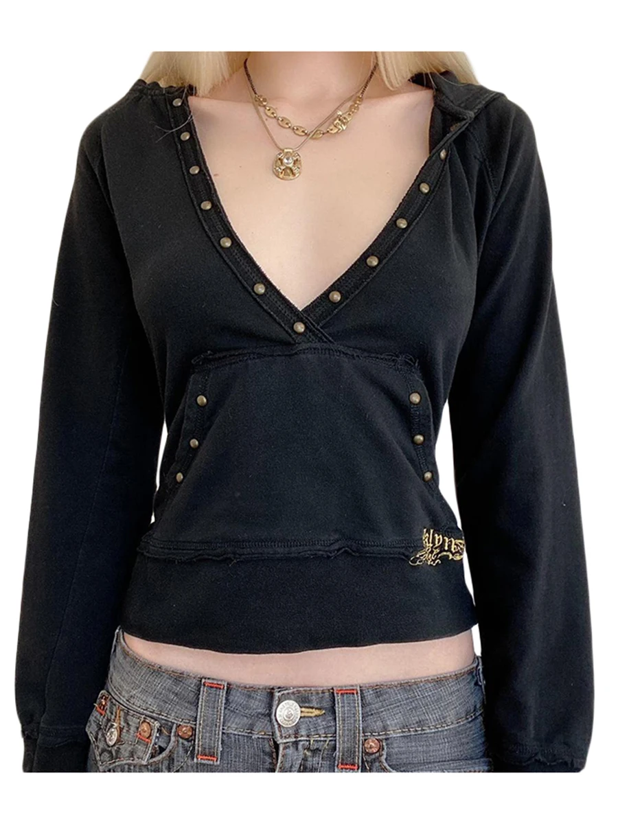 

Women Deep V-Neck Hooded Short Sweatshirts Fall Long Sleeve Metal Nail Buckle Letter Embroidery Cropped Pullover Top