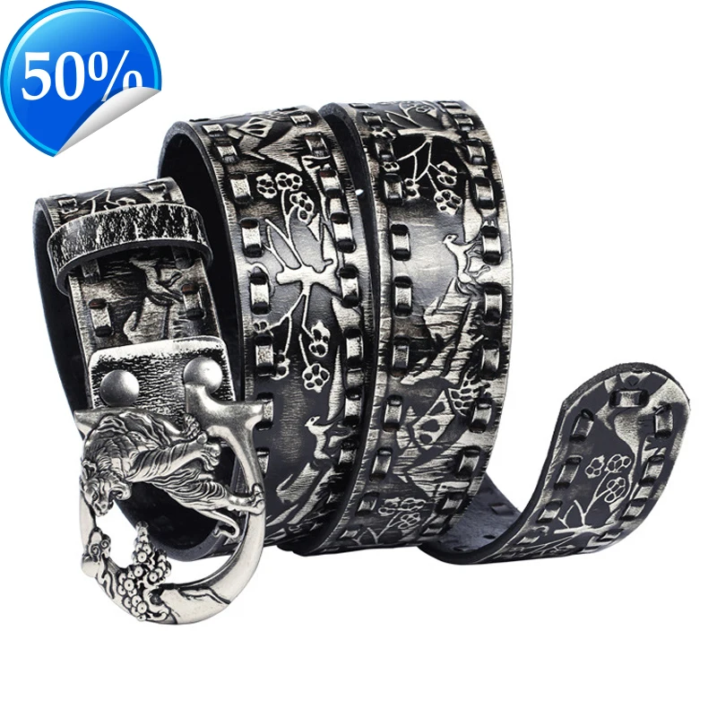 3.8CM Pattern Embossing Retro Do Old Cowskin Genuine Leather Belt for Men Quality Design Tiger Buckle Style Male Strap