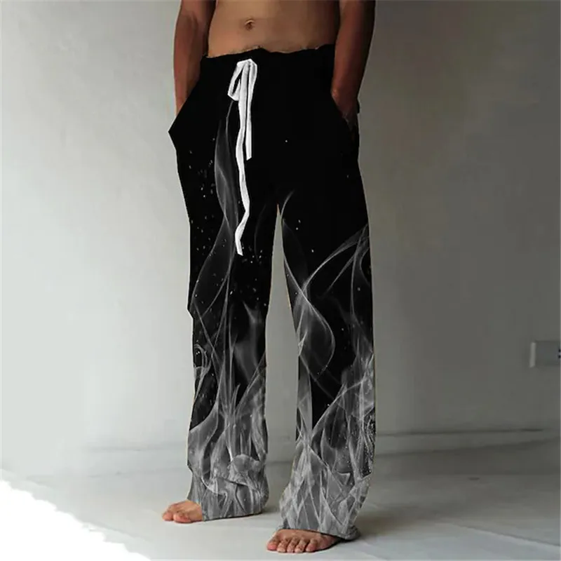 New Men's Art Painting 3D Fire Casual Lose Trousers Baggy Pant Pockets Drawstring Elastic Waist Texture Pants Yoga Comfort Soft