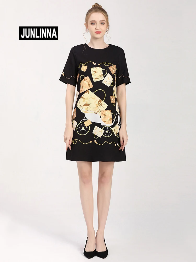 

JUNLINNA Street Fashion Women Dress Summer New O-Neck Short Sleeve Geometric Printed Above Knee Vestidos Party Vacation