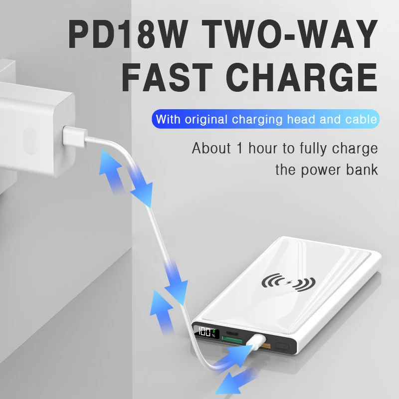 20000mAh Wireless Power Bank 40W Super Fast Charging Digital Display External Battery Built in Cables with Flashlight for phone
