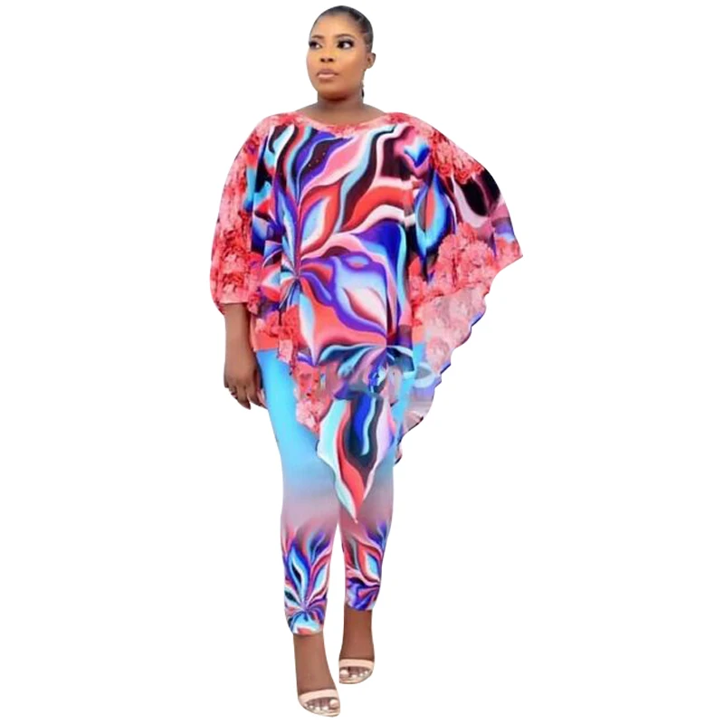 

Two Piece Pant Suits Sets Women Batwing Sleeve Irregular Long Tops Outfits Summer Fashion Print Streetwear Chiffon Matching Set