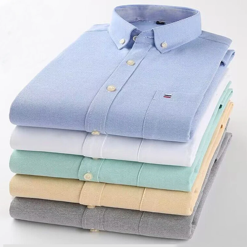 Four Seasons New Men's Shirt 100% Cotton Plaid Solid Color Comfortable Oxford Spinning Long Sleeve Casual Business Slim Shirt