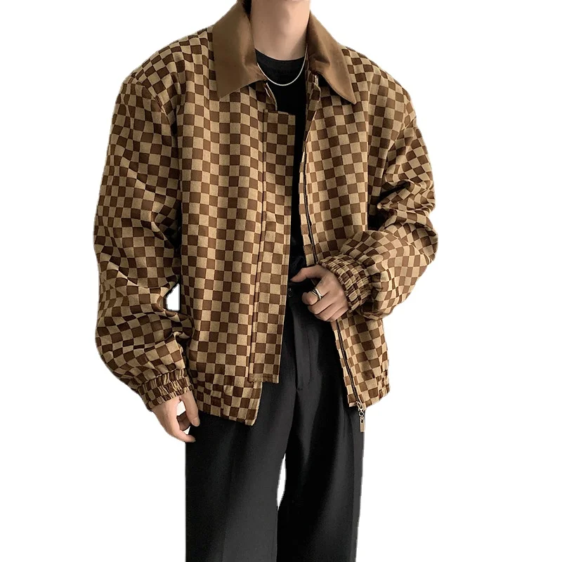 Men Shoulder Pad Loose Casual Wide Style Vintage Fashion Plaid Jacket Male Korean Streetwear Coat Outerwear