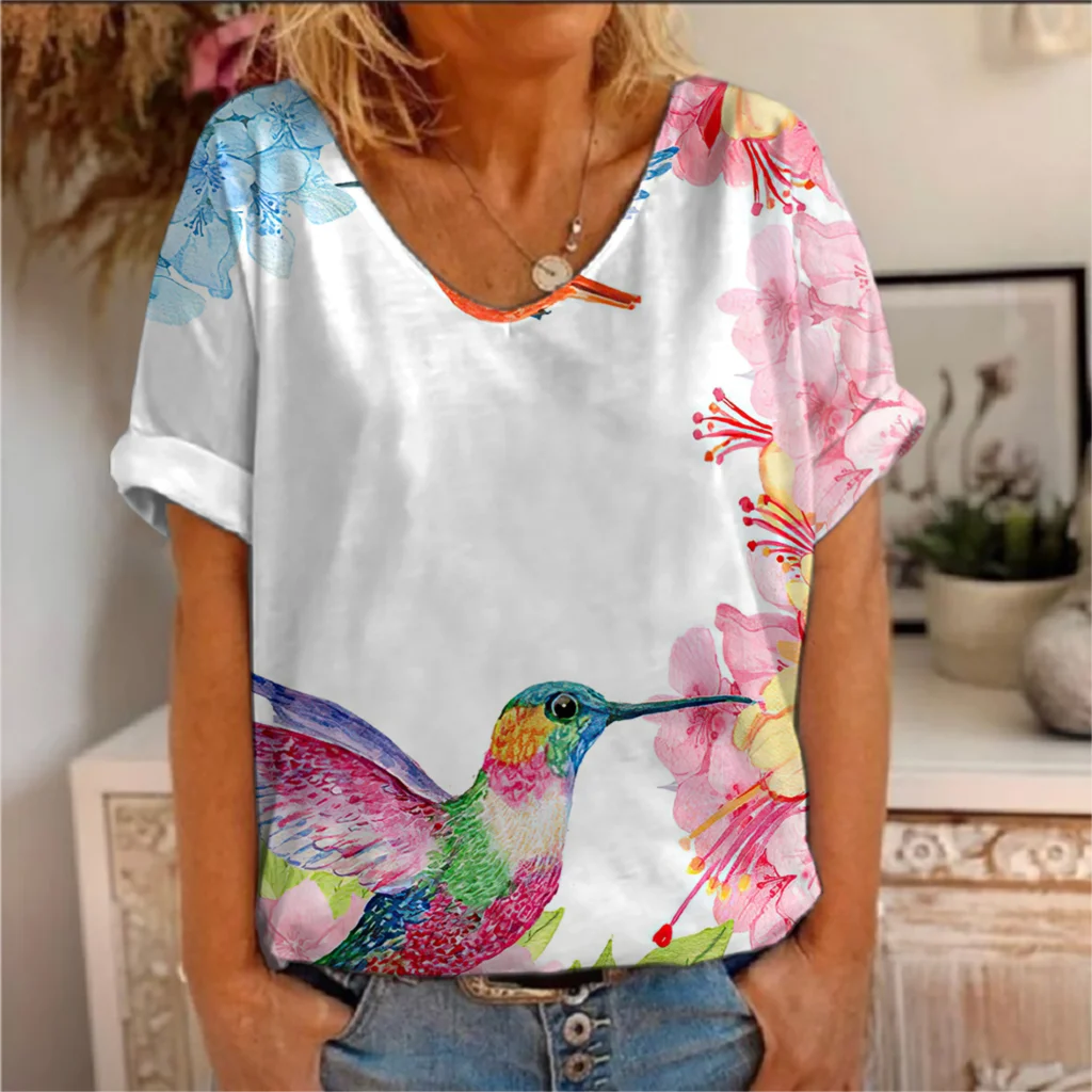 

Summer women's casual loose T-shirt 3D forest bird print T-shirt women's street Harajuku T-shirt short sleeve V-neck