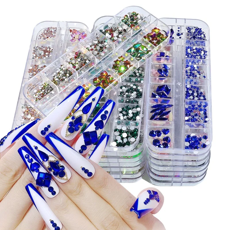 

12Gird Multi Size AB Crystal Nail Art Rhinestone Gold Flatback Crystal Diamond Gems 3D Glitter Nail Art Luxurious Decorations