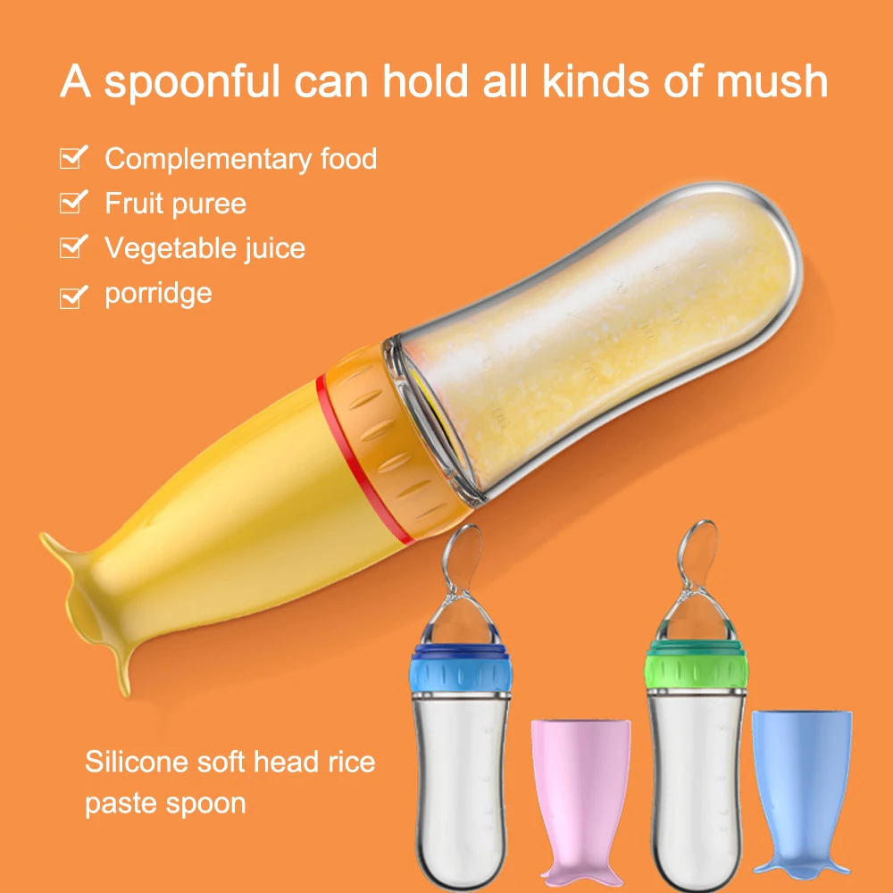 Mommy Town Squeezing Feeding Bottle Silicone Newborn Baby Training Rice Spoon Infant Cereal Food Supplement Safe Tableware
