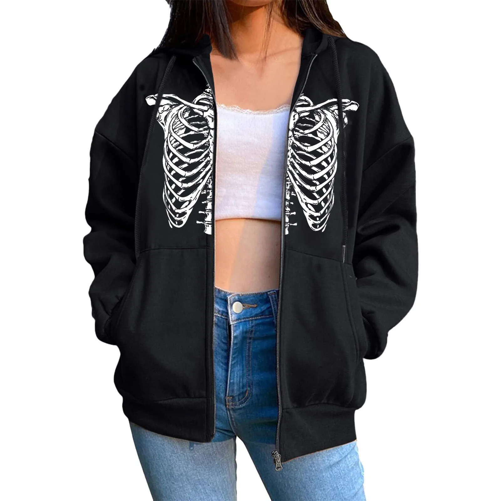 

Women's Y2k Hoodie Zip-up Sweatshirt Skeleton Print Jacket Loose Long Sleeve Pockets Streetwear Hip Hop Fashion Women Coat 4