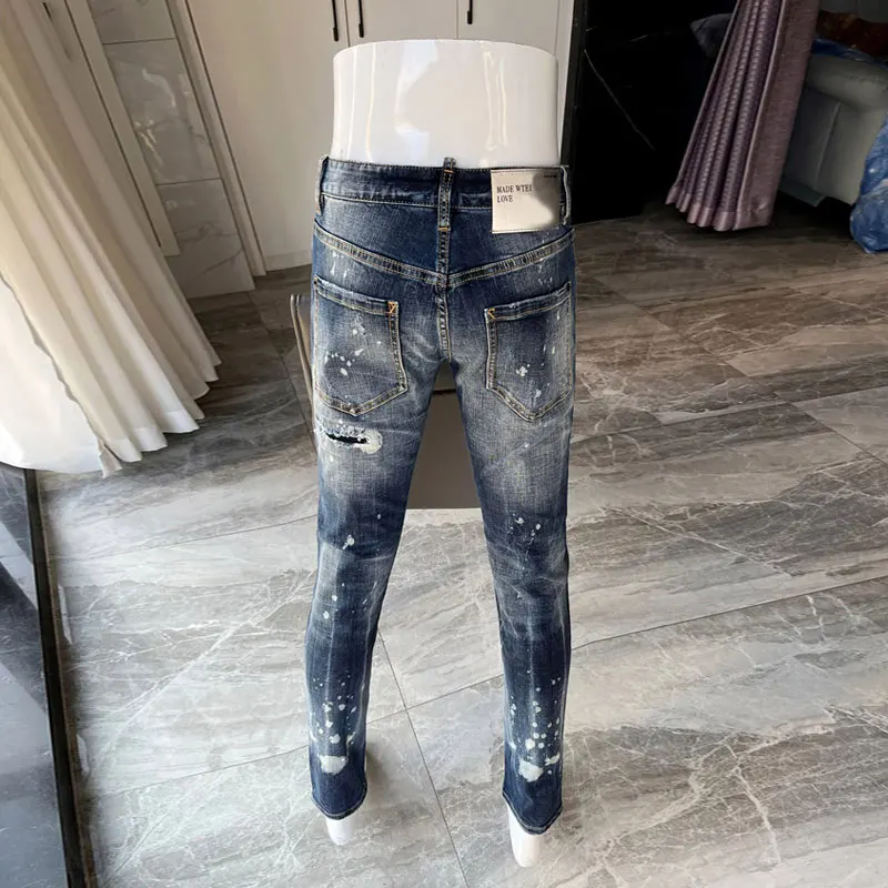 High Street Fashion Men Jeans Retro Blue Elastic Slim Fit Patched Ripped Jeans Men Painted Designer Hip Hop Brand Pants Hombre