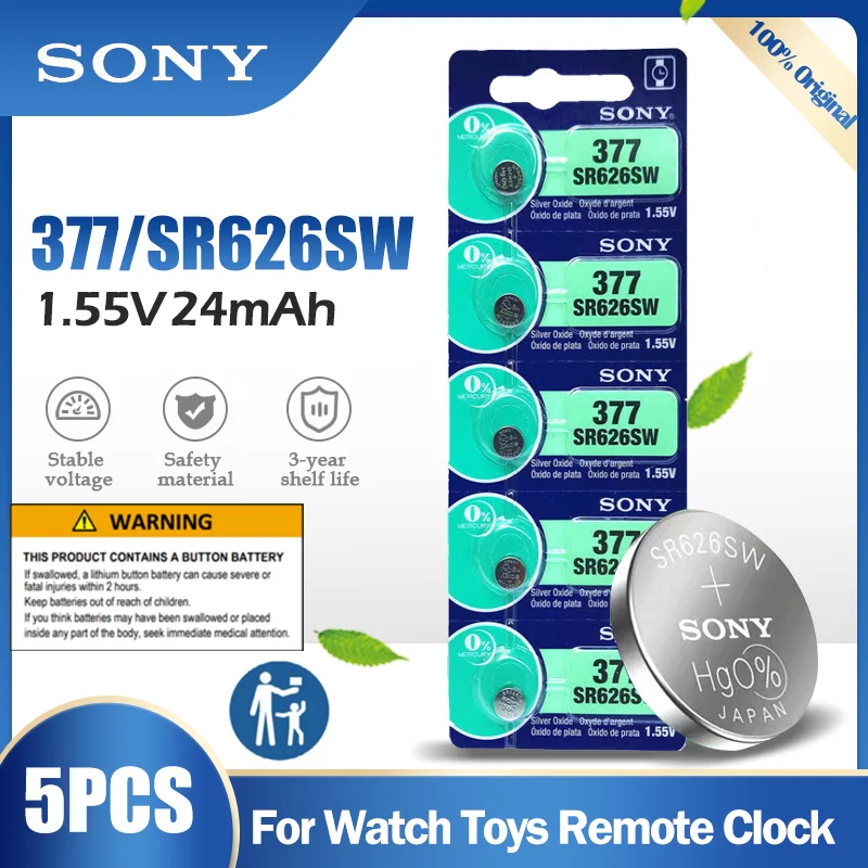 5 шт. SONY 377 377A SR626SW AG4 SR626 LR66 LR626 AG 4 1 55 в оксид серебра батарея для часов игрушек