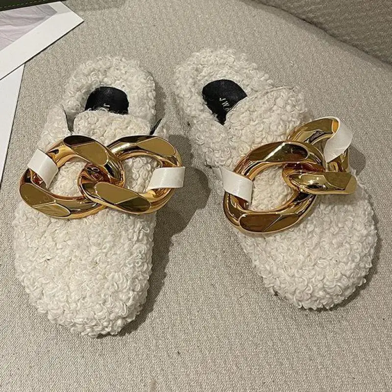 

Женские меховые шлепанцы, зимние теплые меховые сланцы из металла, 2022