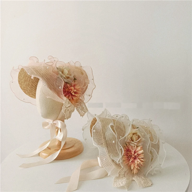 

Сетчатая соломенная шляпа в стиле Лолиты с жемчугом Корейская кружевная шляпа принцессы тканые аксессуары ручной работы детская модная одежда