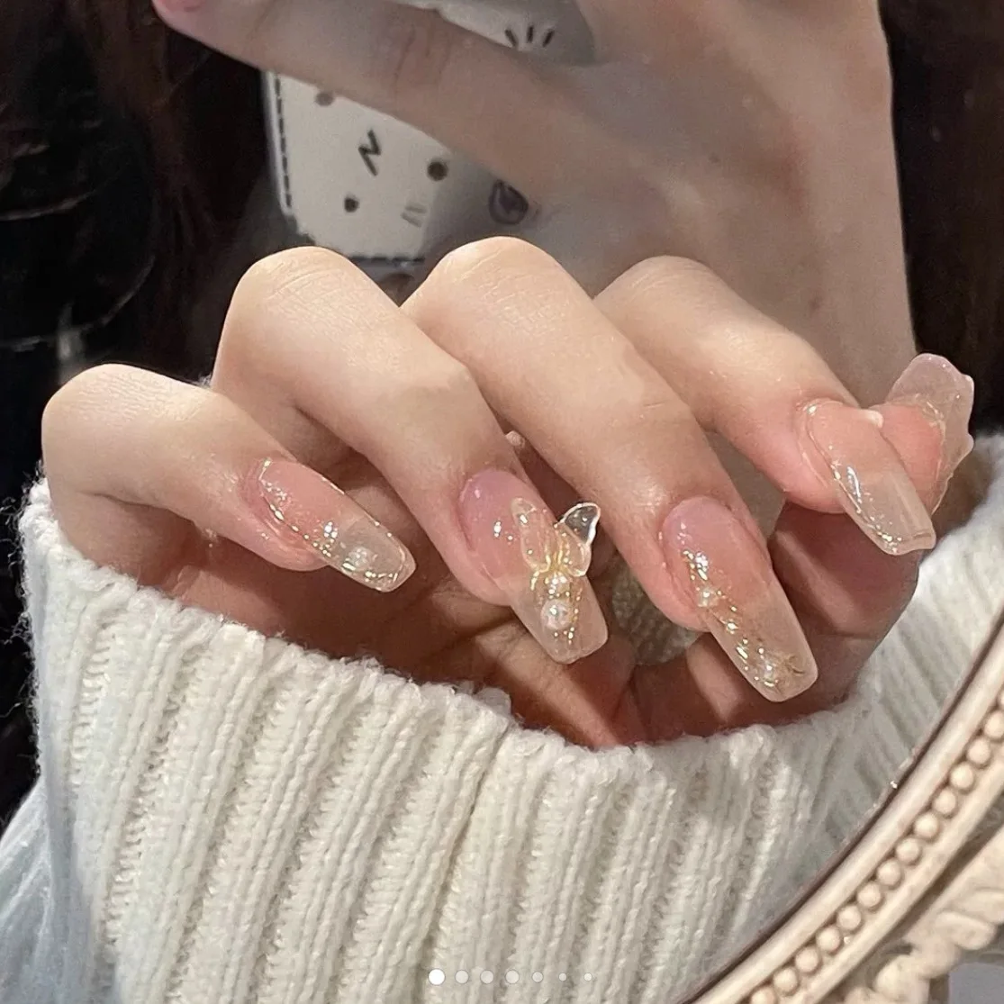 

Fake Nails Ice Transparent Nail Butterfly Wearing A Removable Pearl Nail Sticker Ballet Nail 24 Pieces with Glue False Nails