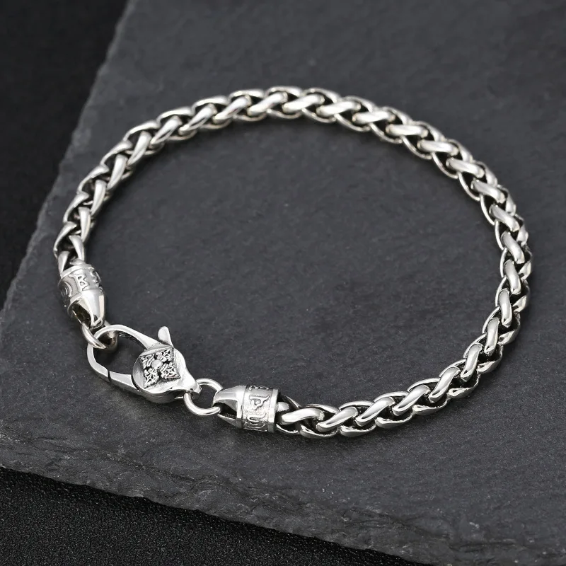 

Pure Silver Bracelet For Men 5mm Round Wheat Link Vajra Six Word Mantra Lobster Clasp 925 Vintage Thai Silver Women's Bracelet