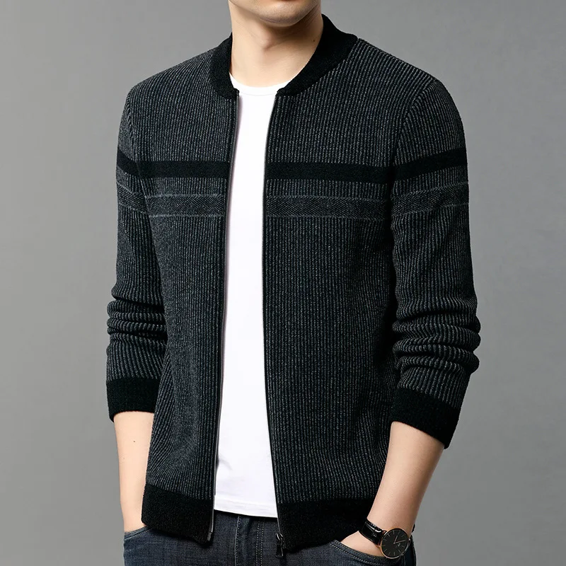 

Autumn Winter Sweater Cardigan Baseball Collar Knitted Coat Men's Stripe Youth Business Men's Sweater Zipper Casual Men's Wear