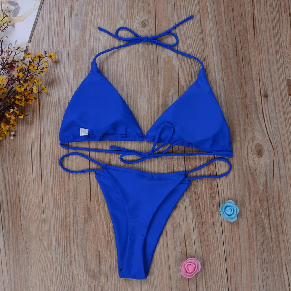 Women's Ultra Thin Elastic Thong Bikini Set Side Tie Sexy Solid Color Swimsuit Bandage Style Brazilian Swimwear