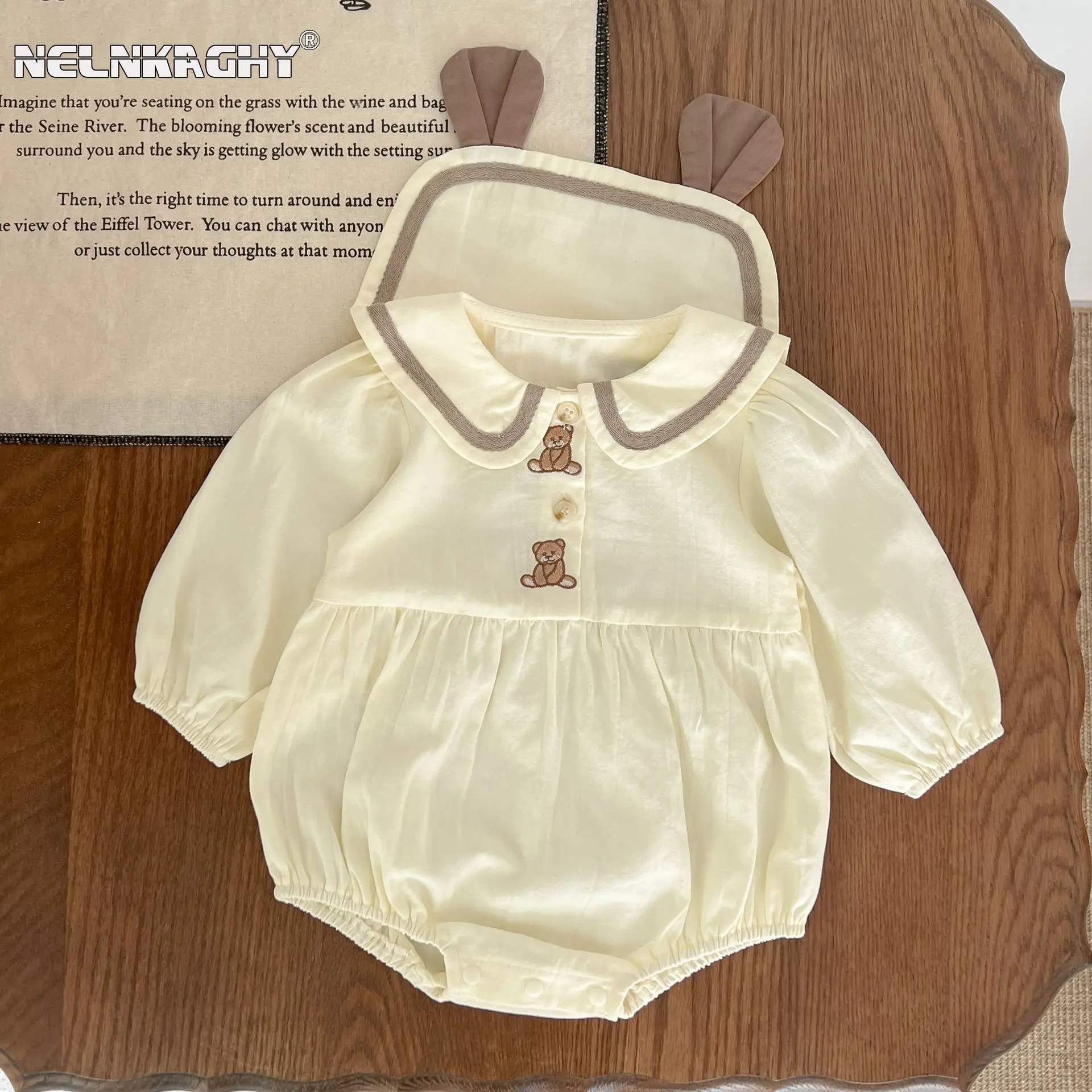 

2023 Autumn Newborn Baby Girls Full Sleeve Crtoon Bear Peter Pan Collar One-piece Infant Kids Jumpsuits Toddler Bodysuits 0-3Y