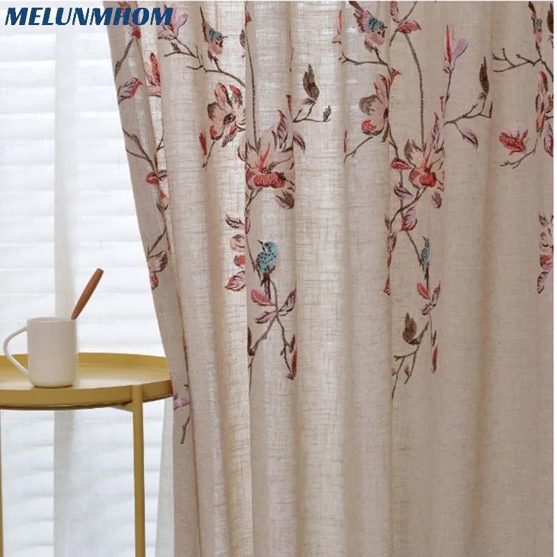 Занавески из хлопка и конопли с вышитыми цветами птицами дизайнерские шторы для