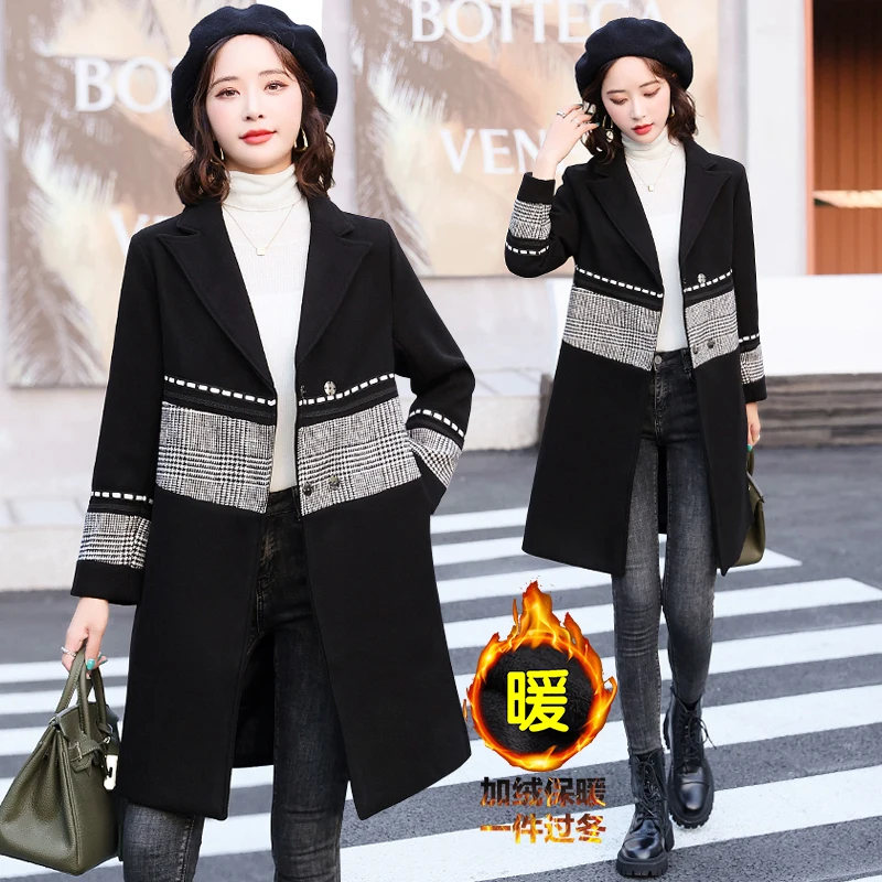 

New Autumn Winter Women Notched Collar Double-breasted Long Coat Fashion Houndstooth Patchwork Thicken Black Woolen Coat