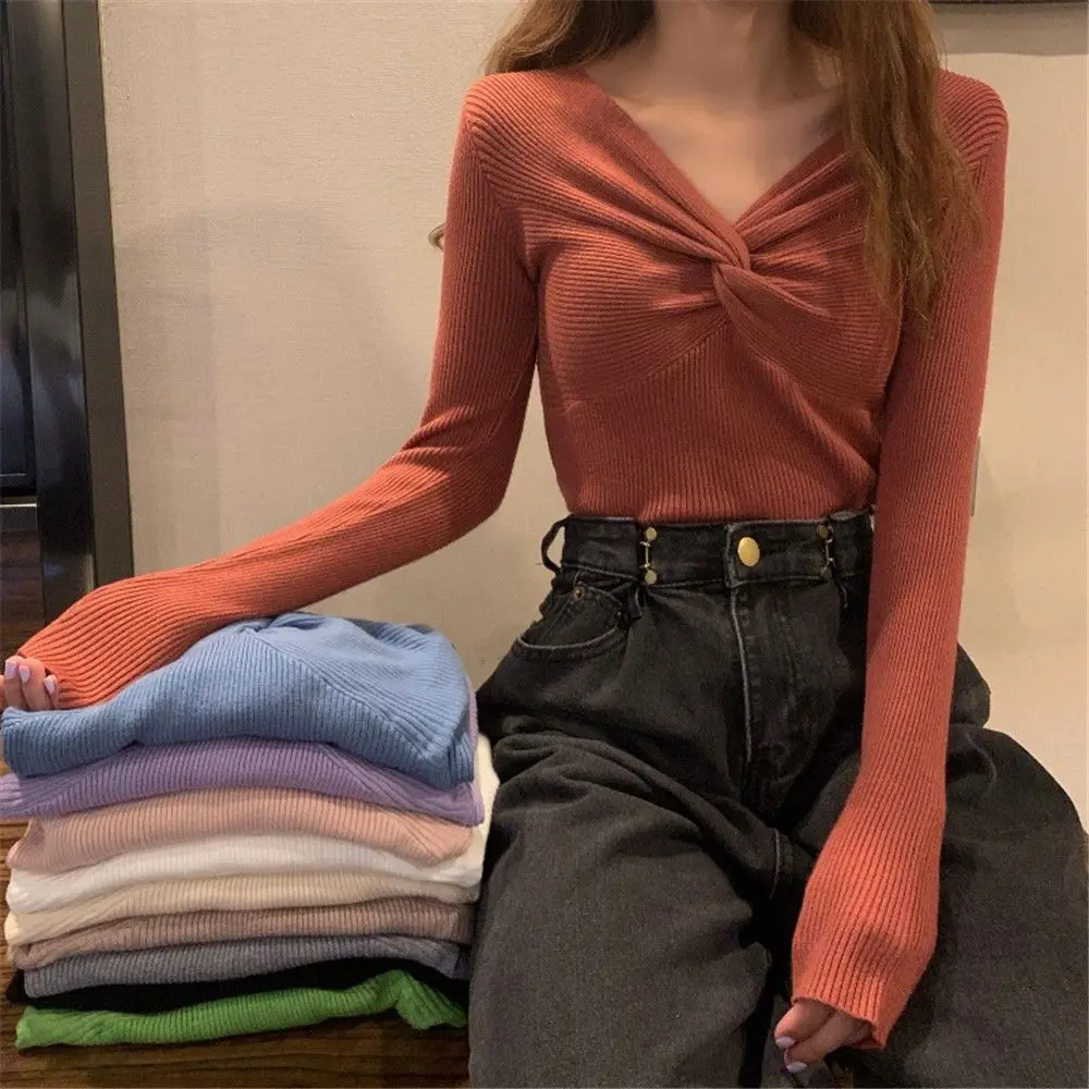 

Sexy V Neck Women Sweater Long Sleeve Knitted Pullover Jumper Slim Autumn Elastic Soft Female Knotted Korean Basic Top