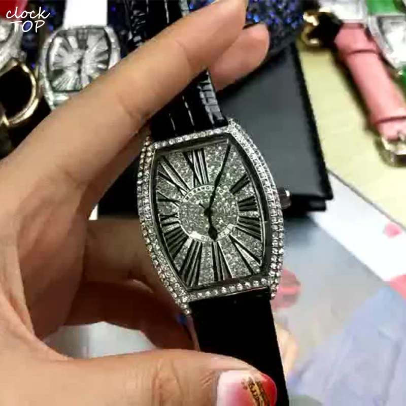 Ladies Diamond Watch Women Tonneau Dial Stone Iced Out Female Girls Wristwatch Rhinestone Luxury Genuine Leather Reloj