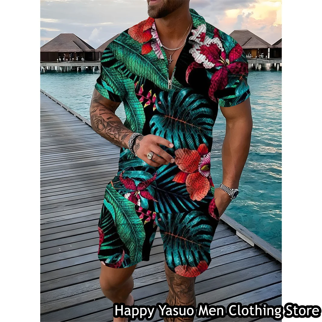 Summer Men Fashion Polo Shirt Set Coconut Print Tracksuit 2 Pieces Casual Outfit Male Suit Retro Style Clothing Streetwear