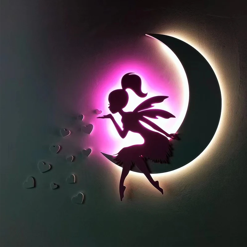 

Creative Wooden Fairy Moon Wall Lamp Home Decoration Girl Fairy Princess Hanging Lamp Handicraft Angel LED Wall Art Bedroom Lamp