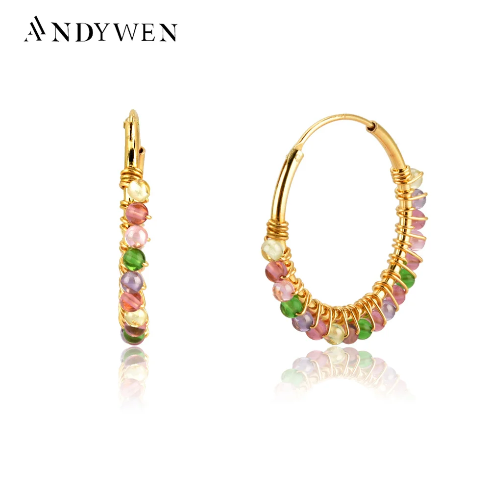 

ANDYWEN 925 Sterling Silver Multi Mix Color Purple Beads Moonstone Hoops 2020 Big Women Fashion Luxury Party Earring For Gift