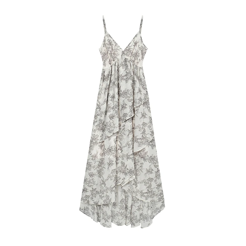 

Women's Sexy Low Cut Spaghetti Strap Printing Dress Summer Chic Design Elegant Female Backless Sleeveless A-line Irregular Dress