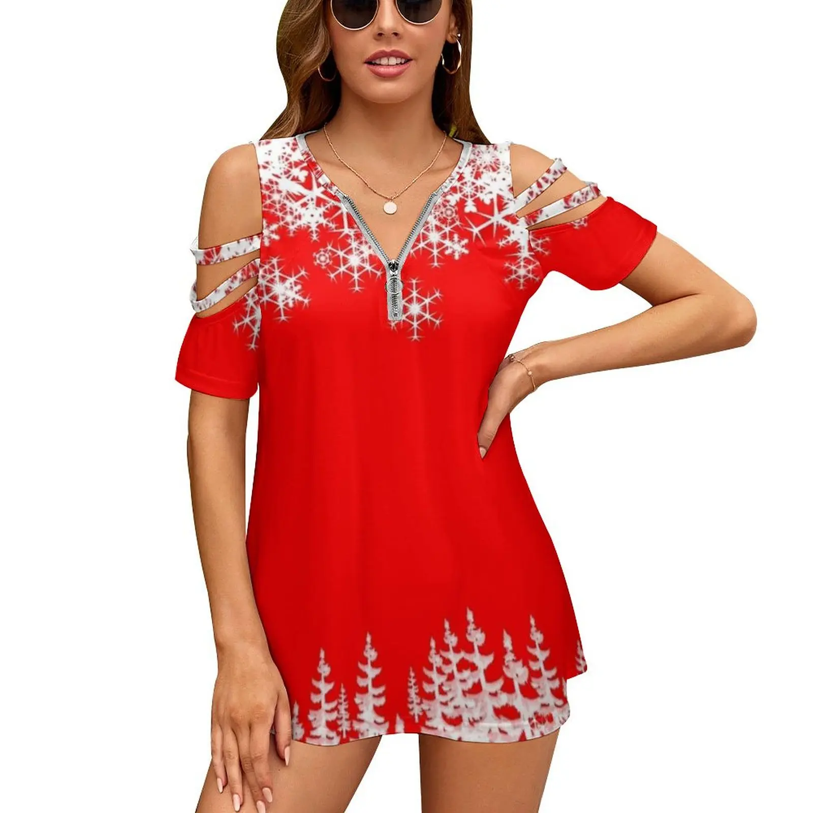 

Женская рождественская футболка с Санта-Клаусом и снежинками, новая модная повседневная футболка с принтом на молнии и V-образным вырезом