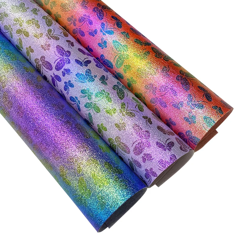 

XHT Butterfly Printed Vinyl Metallic Rainbow PU Faux Leather Fabric Sheet for Making Sewing/DIY Accessories/Decorative
