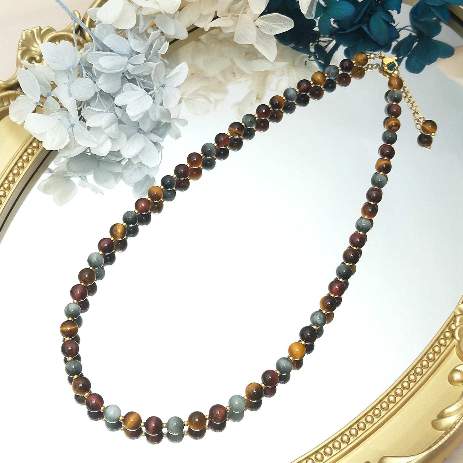 

Lii Ji 6mm Tiger Eye Eagle Eye Natural Stone Stainless Steel Gold Plated Necklace 45+3cm Trendy Bohe Necklace For Male Female