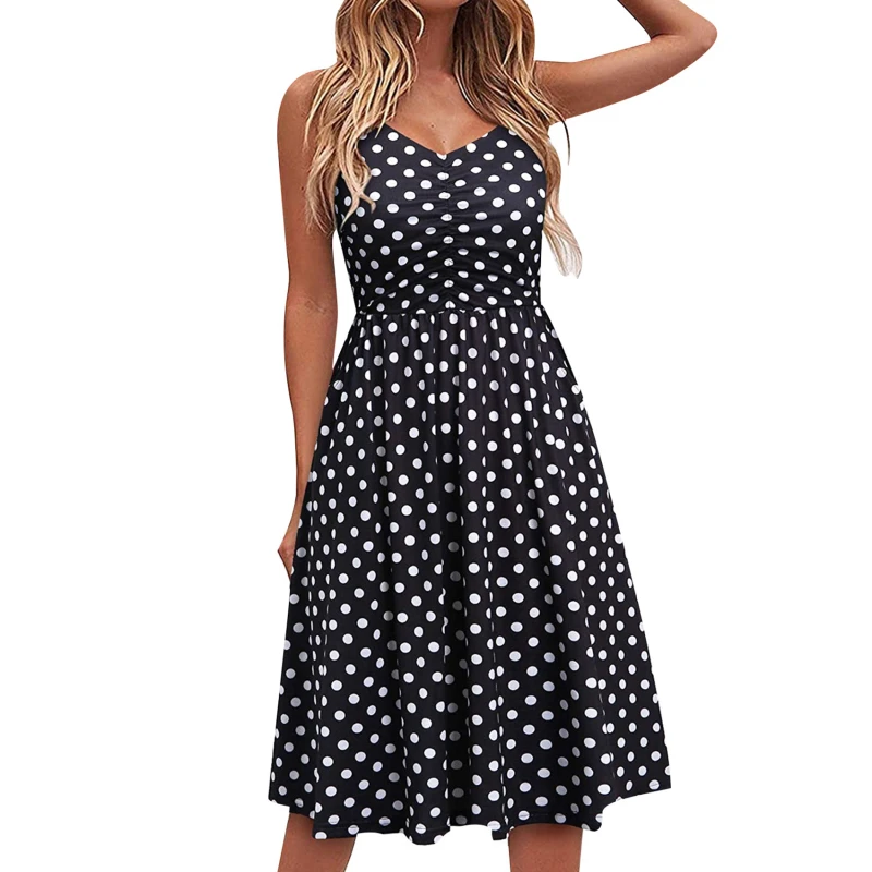

Elegant Women Dress Sleeveless Polka Dot Elegant Lady Dresses Summer Retro Vintage Female Dress Halter Retro Party Sundress