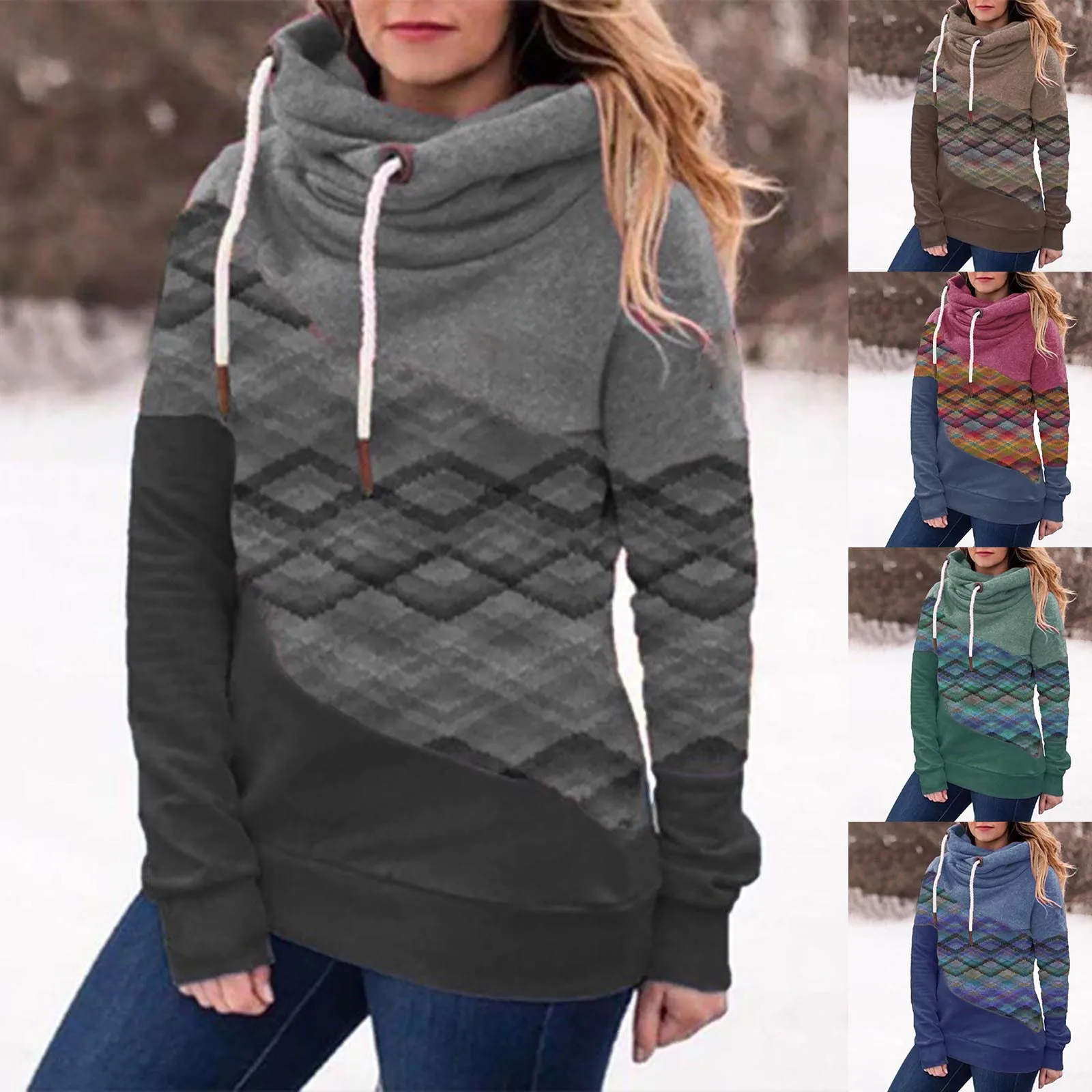 

Ladies Long Sleeved Top Stitching Printed Hooded Winter Fashion for Women 2022 Thin Womens Pullover Small Ladies Sweatshirt