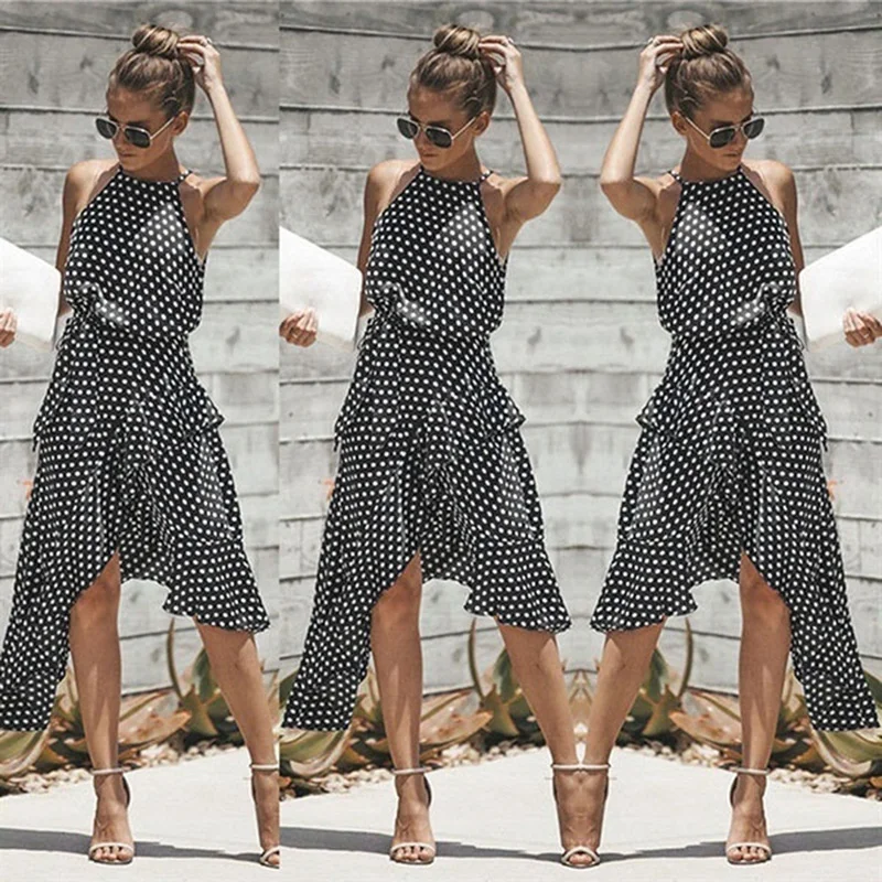

Vintage Women Polka Dot Dresses Summer Ruffles Halter Irregular Lace Up Dress Sleeveless Dresses For Female Vestidos