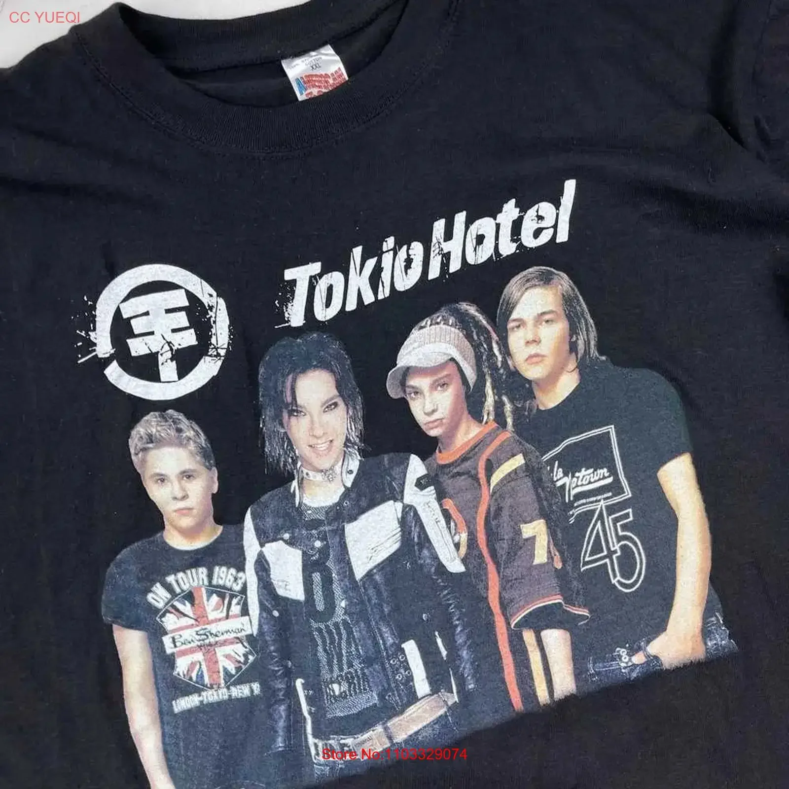 Фото Редкая черная футболка группы Tokio Hotel, концертная, размер S-5XL, TR642, винтажная, с эффектом потертости, слегка эластичная, дышащая, модная, мягкая, с графическим принтом. №1