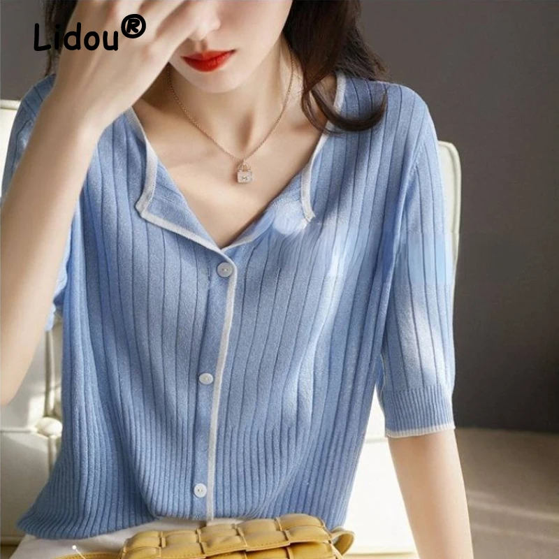 

Blue Striped Knit Shirt 2022 Spring Summer Open Stitch Blouse Korean Style Fashion Shirt for Female Short Sleeve Casual Clothing