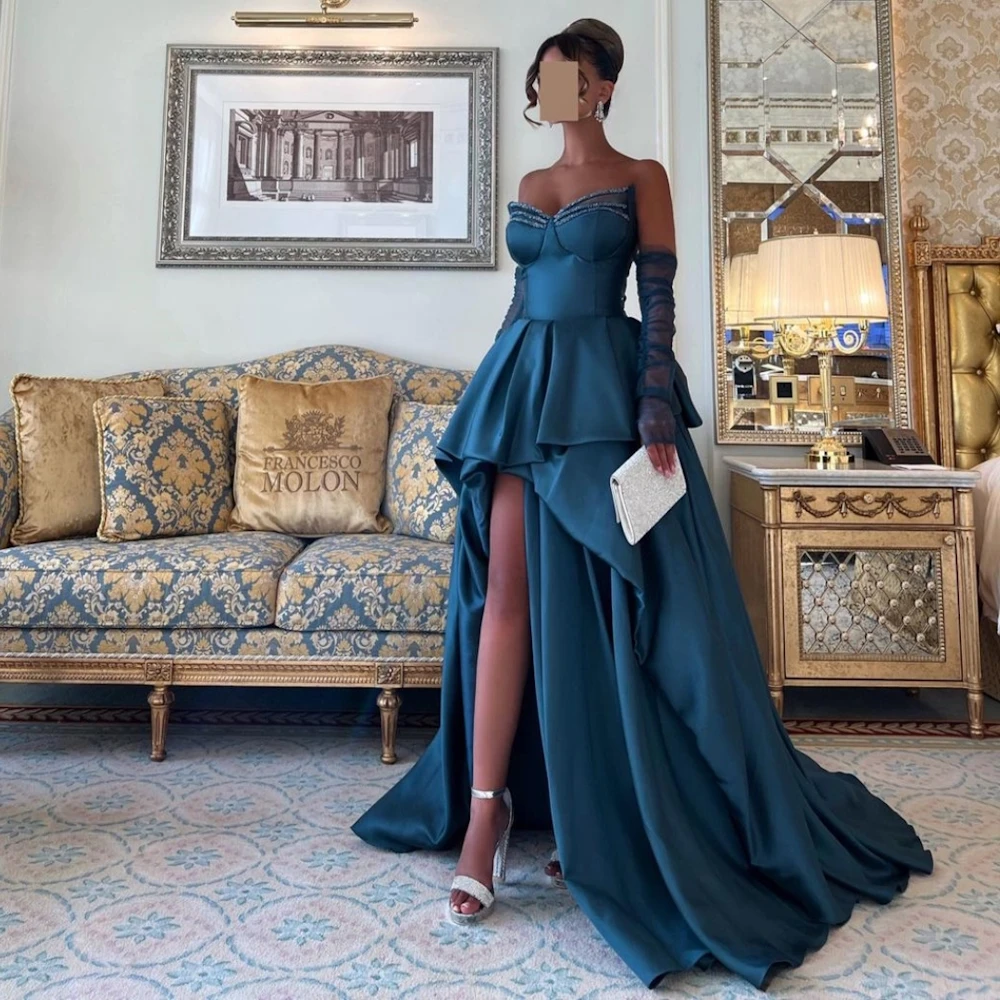 

High-Low Ruched Satin Prom Dresses Beaded Sweetheart Detachable Long Sleeves Evening Party Floor Length Lace Up Back Vestidos