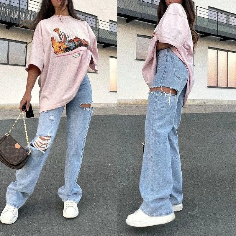 New Fashion Ripped Hole Washed Casual High Waist Straight Jeans Women's Mother Jeans Women's Pants 2021 New Summer