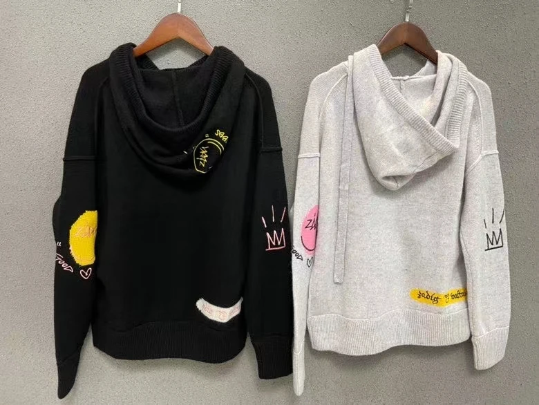 Женский свитер с Вышивкой Букв и капюшоном 100% кашемировый Повседневный вязаный