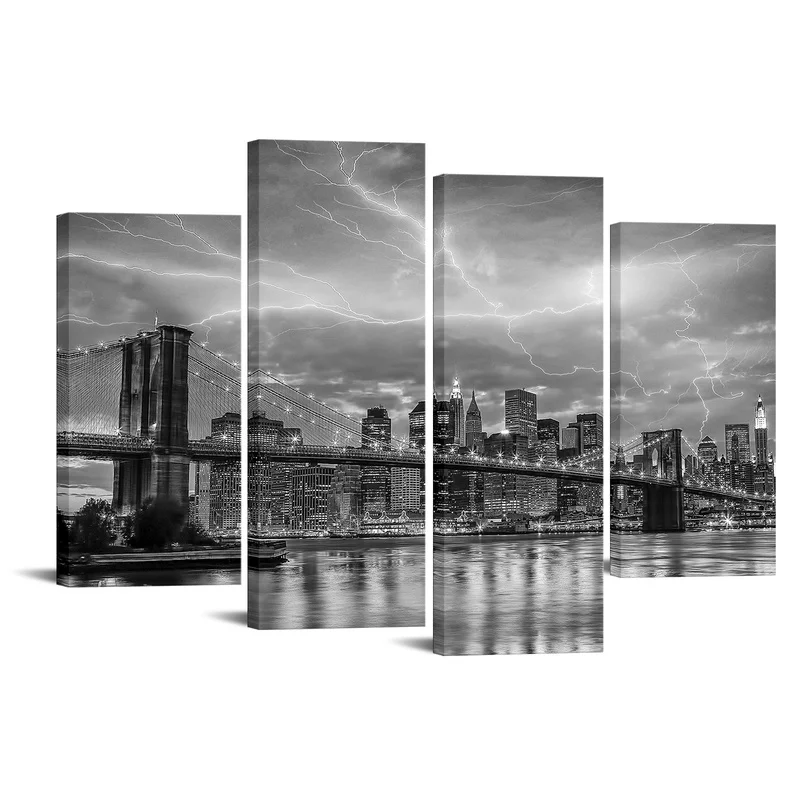 4 Pieces Thunder Over City Wall Art Posters Black and White Print Canvas Painting Modern Style Picture Living Room Home Decor