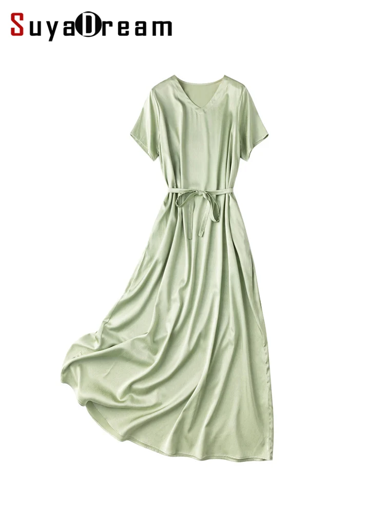 SuyaDream Women Maxi Dresses 22mm 92%Silk 8%Spandex V Neck Belted Long Dress 2023 Spring Summer Holiday Clothes Green