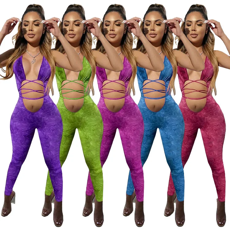 

Sexy Deep V Neck Lace Up Jumpsuit Women Summer 2021 Floral Print Sleeveless Bandage Pants Bodycon Club Party Jumpsuit Overalls